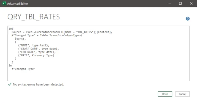 Screenshot of the Advanced Editor displaying the rates table import query.