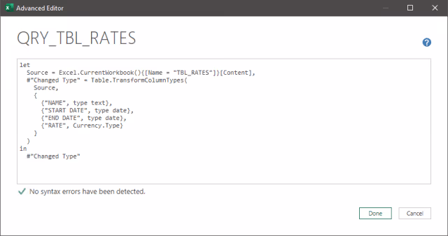 Screenshot of the Advanced Editor displaying the rates table import query.