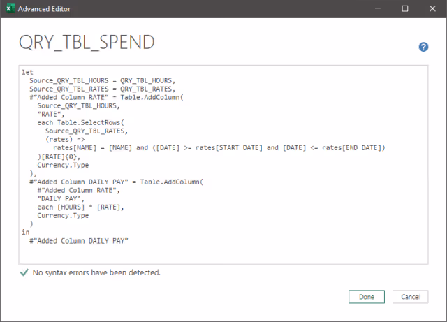 Screenshot of the Advanced Editor displaying the rate lookup query.