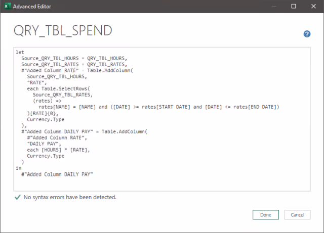 Screenshot of the Advanced Editor displaying the rate lookup query.
