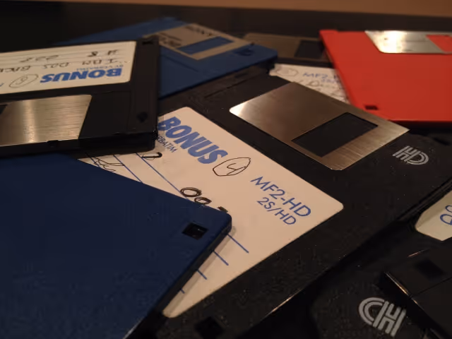 Photo of a pile of 3½-inch floppy disks.