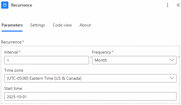 Screenshot of a monthly Recurrence trigger configuration in Power Automate.