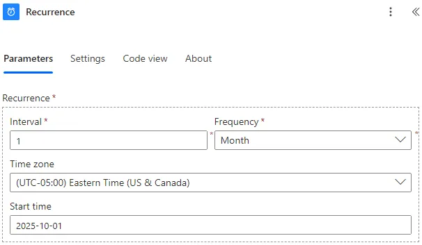 Screenshot of a monthly Recurrence trigger configuration in Power Automate.