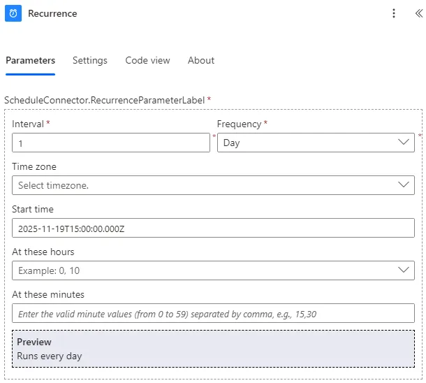 Screenshot of a daily Recurrence trigger configuration in Power Automate.