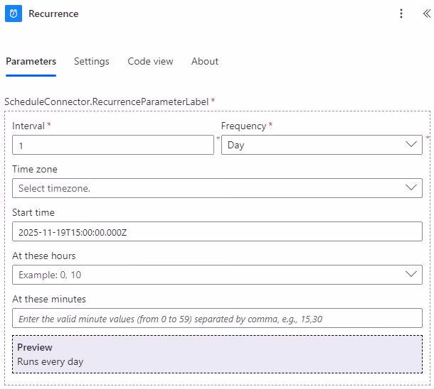 Screenshot of a daily Recurrence trigger configuration in Power Automate.