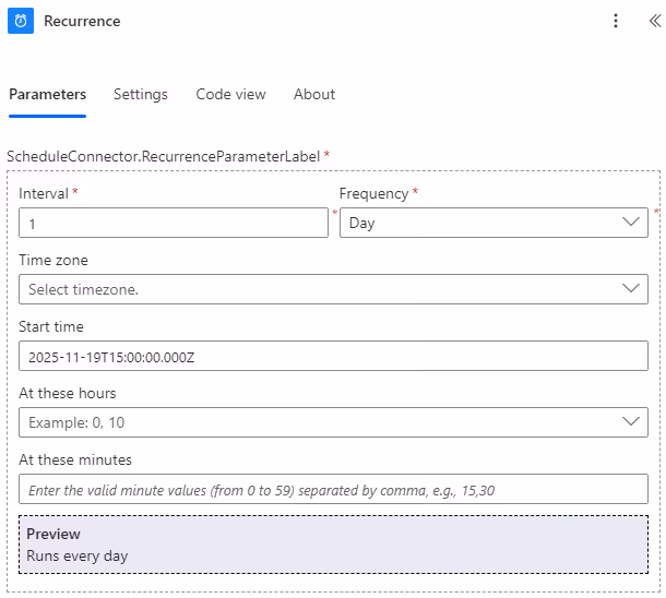 Screenshot of a daily Recurrence trigger configuration in Power Automate.