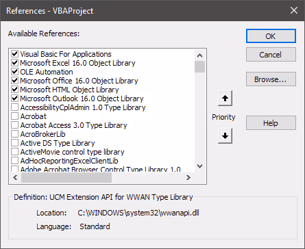 Screenshot of the 'References' dialog box to enable Microsoft Outlook 16.0 Object Library and Microsoft HTML Object Library in Visual Basic for Applications.