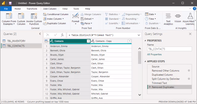 Screenshot of the query step to remove duplicates in Power Query.