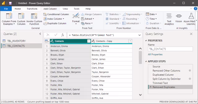 Screenshot of the query step to remove duplicates in Power Query.