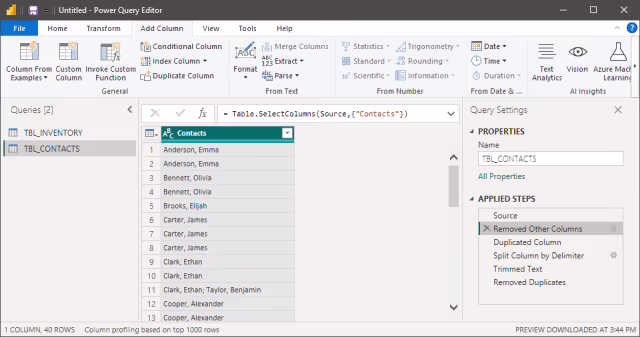Screenshot of the query step to remove other columns in Power Query.