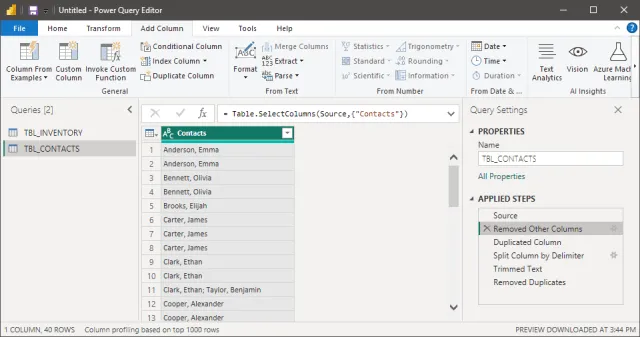 Screenshot of the query step to remove other columns in Power Query.