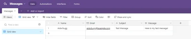 Screenshot from Airtable of the Messages table containing a new record.