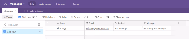 Screenshot from Airtable of the Messages table containing a new record.