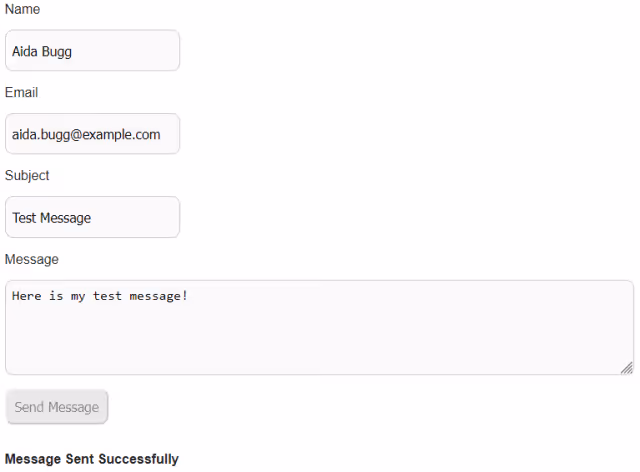 Screenshot of a contact form submission with a successful response message.