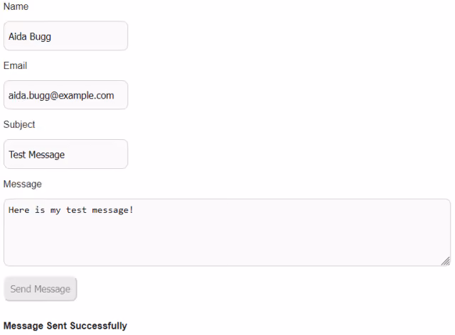 Screenshot of a contact form submission with a successful response message.