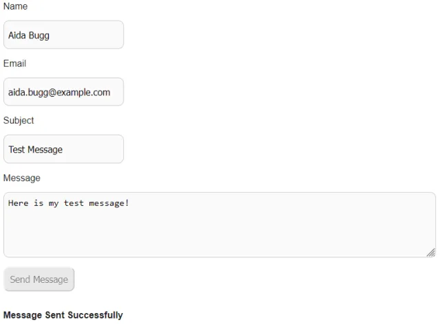 Screenshot of a contact form submission with a successful response message.