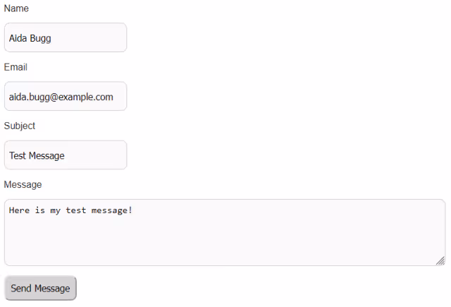 Screenshot of a completed contact form with test data.