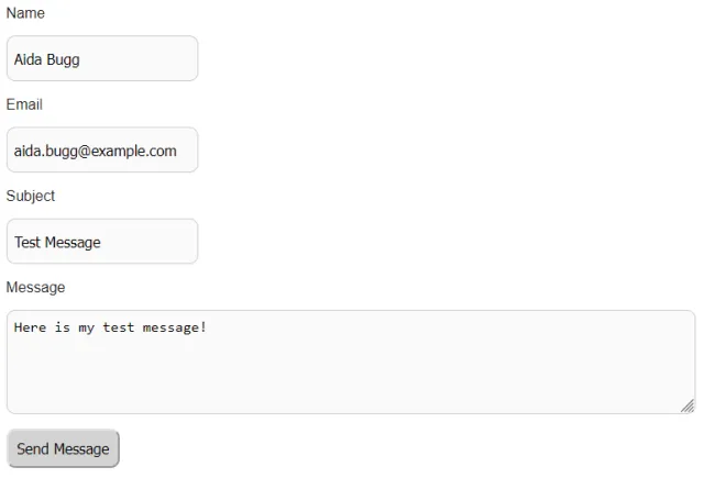 Screenshot of a completed contact form with test data.