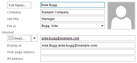 Screenshot of an example address book entry in Outlook.