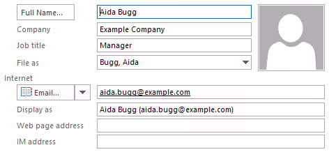 Screenshot of an example address book entry in Outlook.