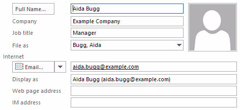 Screenshot of an example address book entry in Outlook.