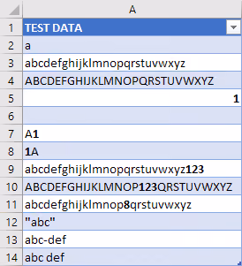 Screenshot of test data including null, alphabetic only, and mixed values (alphabetic, numeric, and punctuation) in Excel.