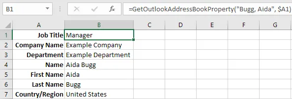 Screenshot of the example address book entry's properties displayed in Excel.