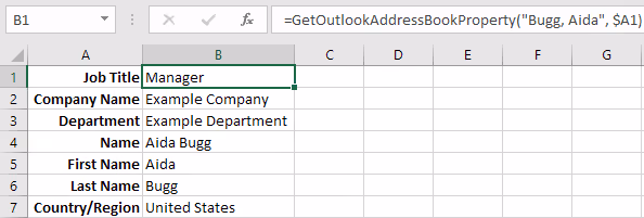 Screenshot of the example address book entry properties displayed in Excel.
