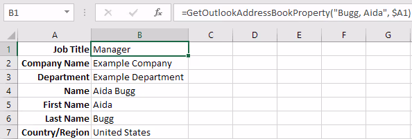 Screenshot of the example address book entry properties displayed in Excel.