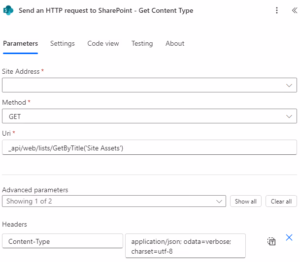 Screenshot of the Send an HTTP Request to SharePoint action to get content type in Power Automate.