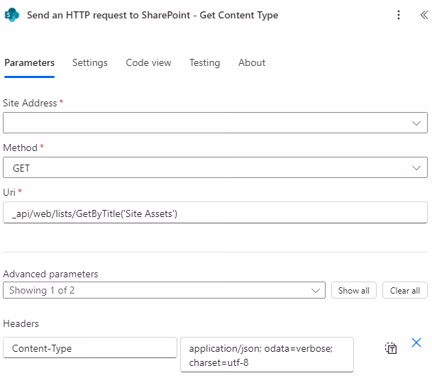 Screenshot of the Send an HTTP Request to SharePoint action to get content type in Power Automate.