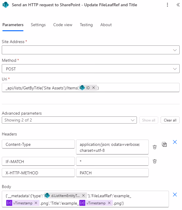 Screenshot of the Send an HTTP Request to SharePoint action to update the file name and title using Power Automate.