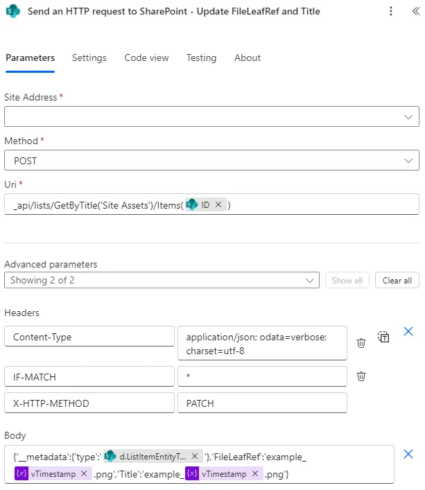 Screenshot of the Send an HTTP Request to SharePoint action to update the file name and title using Power Automate.