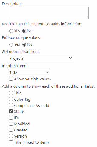 Screenshot of the additional fields selection in the target list settings in SharePoint.
