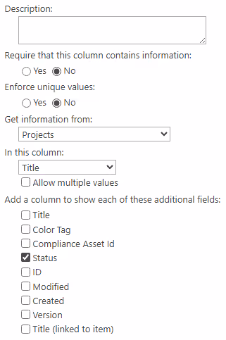 Screenshot of the additional fields selection in the target list settings in SharePoint.
