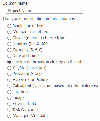 Screenshot of the primary lookup column created in the target list in SharePoint.