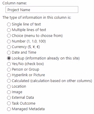 Screenshot of the primary lookup column created in the target list in SharePoint.