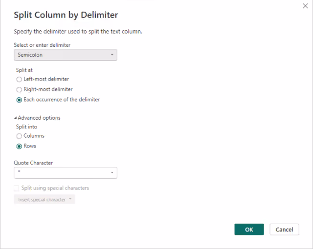 Screenshot of the 'Split Column by Delimiter' configuration in Power Query.