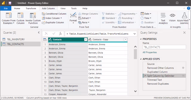 Screenshot of the query step to split a column by a delimiter in Power Query.