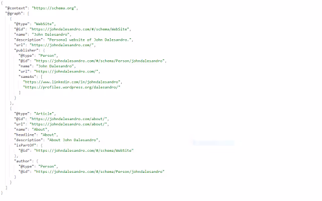 Screenshot of JSON-LD structured data for a WebSite and Article.