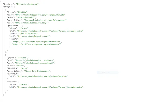 Screenshot of JSON-LD structured data for a WebSite and Article.