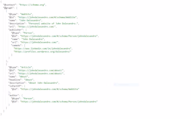 Screenshot of actual JSON-LD structured data for a WebSite and Article.