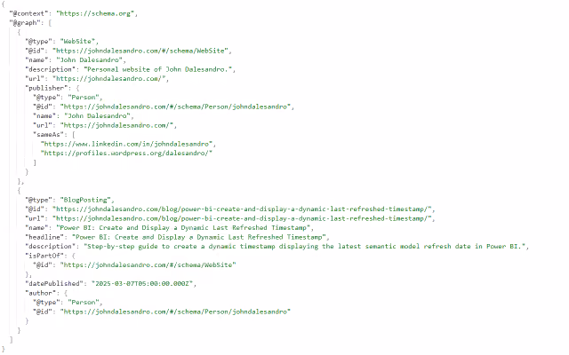 Screenshot of actual JSON-LD structured data for a WebSite and BlogPosting.