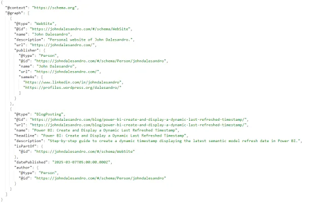 Screenshot of JSON-LD structured data for a WebSite and BlogPosting.