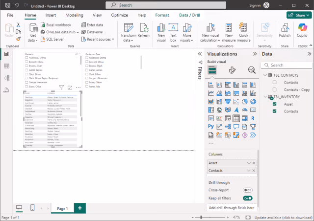 Screenshot of the Table visualization configuration in Power BI.