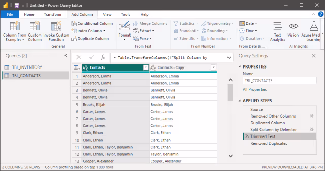 Screenshot of the query step to trim text in Power Query.