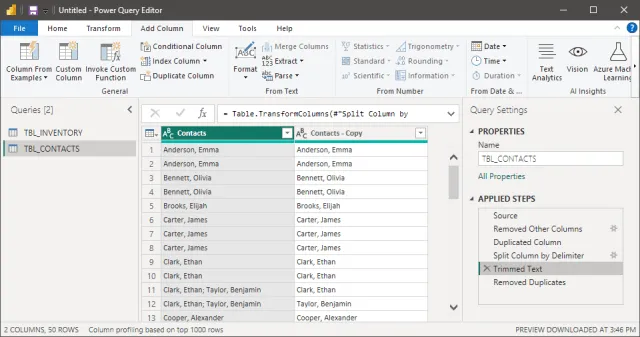 Screenshot of the query step to trim text in Power Query.