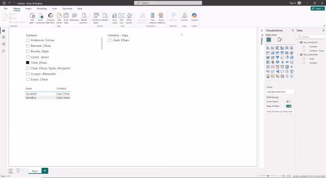 Screenshot of the unexpected Slicer result missing co-owned entries in Power BI.