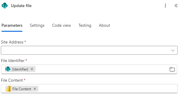 Screenshot of the Update File configuration in Power Automate.