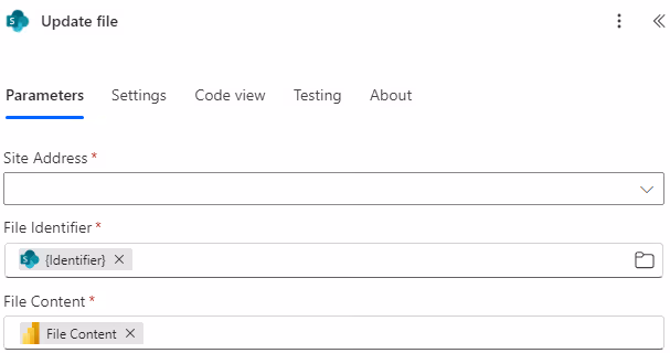 Screenshot of the Update File configuration in Power Automate.